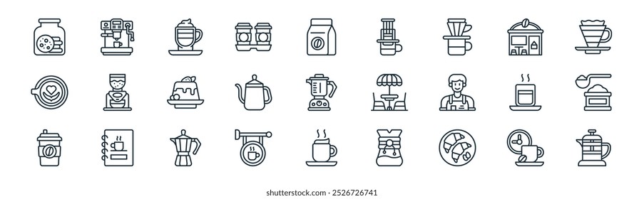 linear cafe icon pack. vector thin line coffee time, coffee hine, latte chiato, cafe, kettle, measuring spoon, cappuccino, french press icons suitable for apps and websites ui designs