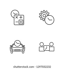 Linear Calculator, Car, Time, Time manager Vector Illustration Of 4 outline Icons. Editable Pack Of Calculator, Car, Time, Time manager