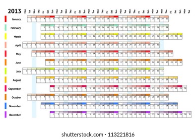 Linear Calendar 2013 With Daily And Monthly Color Coding