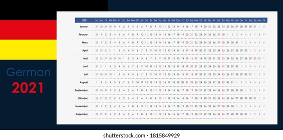 Linear calendar 2021. Clear design. Horizontal grid with selected sundays. Yearly calendar organizer, planner. German language and simple template. Wall, desk calendar. Check list for every day.