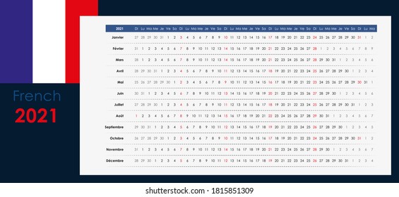 Linear calendar 2021. Clear design. Horizontal grid with selected sundays. Yearly calendar organizer, planner. French language and simple template. Wall, desk calendar. Check list for every day.