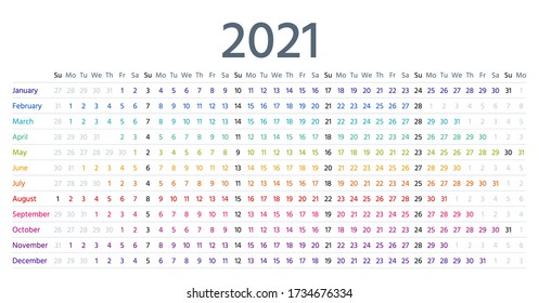 Linear calendar for 2021 year. Vector. Template grid planner. Yearly calender. Schedule with months. Week starts Sunday. Simple style. Landscape horizontal orientation, english. Isolated illustration.