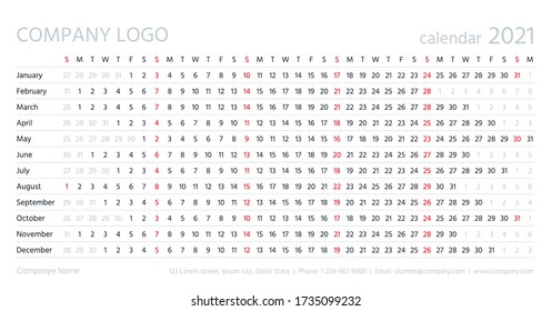 Linear calendar, 2021 year. Vector. Template grid planner. Yearly calender. Annual schedule with months. Week starts Sunday. Simple style. Landscape horizontal orientation, english. Long illustration.