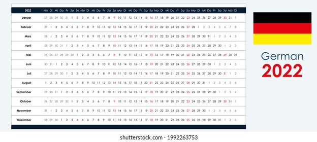 Linear calendar 2022. Clear design. Horizontal grid with selected sundays. Yearly calendar organizer, planner. German language and simple template. Wall, desk calendar. Check list for every day.