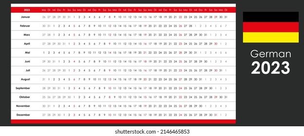 Linear calendar 2023. Clear design. Horizontal grid with selected sundays. Yearly calendar organizer, planner. German language and simple template. Wall, desk calendar. Check list for every day.