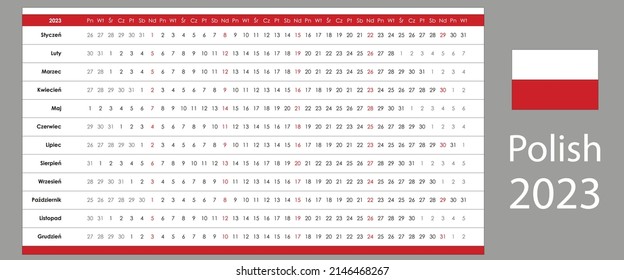 Linear calendar 2023. Clear design. Horizontal grid with selected sundays. Yearly calendar organizer, planner. Polish language and simple template. Wall, desk calendar. Check list for every day.