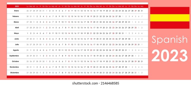 Linear calendar 2023. Clear design. Horizontal grid with selected sundays. Yearly calendar organizer, planner. Spanish language and simple template. Wall, desk calendar. Check list for every day.