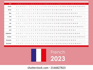 Linear Calendar 2023. Clear Design. Horizontal Grid With Selected Sundays. Yearly Calendar Organizer, Planner. French Language And Simple Template. Wall, Desk Calendar. Check List For Every Day.