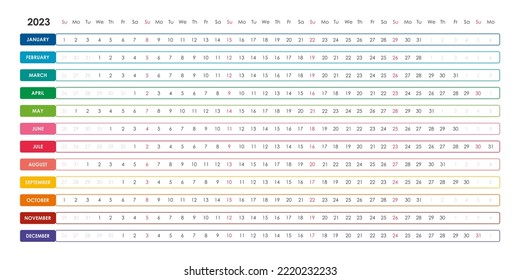 Linear calendar for 2023. The week starts on Sunday. Horizontal, color, English.