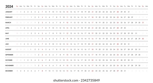 Linearer Kalender für 2024. Horizontal, Woche beginnt am Sonntag, schwarz-weiß, Englisch.