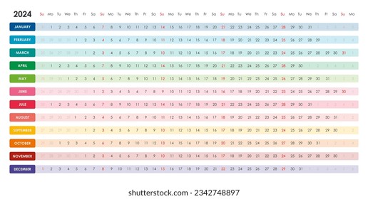Linear calendar for 2024. The week starts on Sunday. Horizontal, color, English.