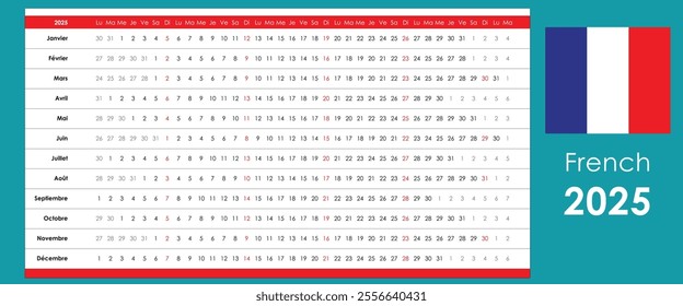 Linear calendar 2025. Horizontal grid, yearly planner organizer, French, simple template.