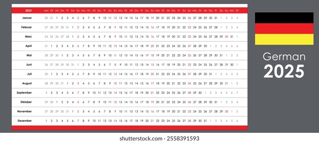 Linear calendar 2025. Horizontal grid, yearly calendar organizer, planner, German
