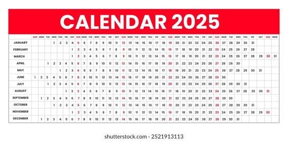 Calendário linear para 2025. A semana do calendário do planejador linear da grade de orientação Horizontal ou Paisagem 2025 começa no domingo. 2025 Calendário linear Grade anual com 12 meses.