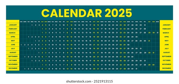 Calendário linear para 2025. A semana do calendário do planejador linear da grade de orientação Horizontal ou Paisagem 2025 começa no domingo. 2025 Calendário linear Grade anual com 12 meses.