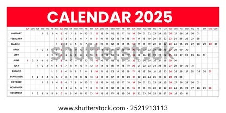 Linear calendar for 2025. Horizontal or Landscape orientation grid 2025 Linear planner calendar week starts on Sunday. 2025 Linear calendar Annual schedule grid with 12 month.