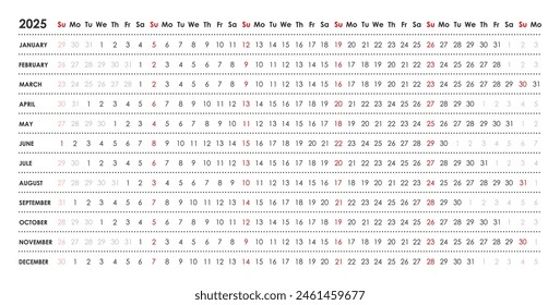 Linear calendar for 2025. Horizontal, week starts on Sunday, English, black and white.