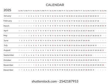 Calendario lineal para 2025. Horizontal, la semana comienza el domingo, blanco y negro, inglés.