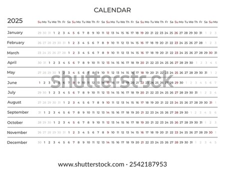 Linear calendar for 2025. Horizontal, week starts on Sunday, black and white, English.