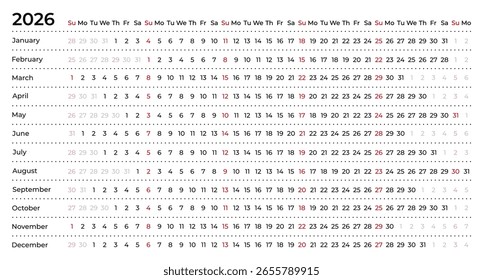 Calendario lineal para 2026. Horizontal, la semana comienza el domingo, inglés, blanco y negro.
