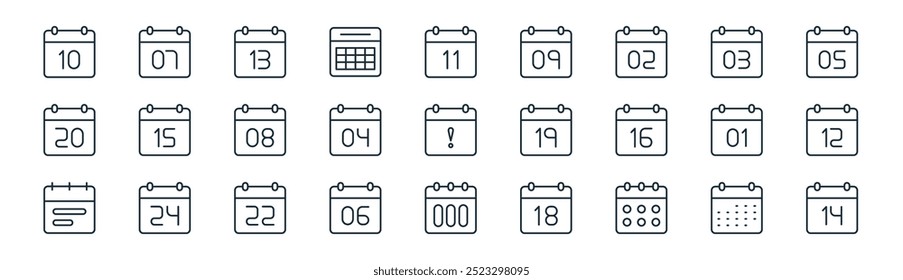 linear calendar and date icon pack. vector thin line calendar, date, date, calendar, icons suitable for apps and websites ui designs