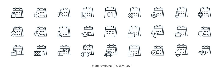 linear calendar and date icon pack. vector thin line calendar, payment day, earth day, calendar, icons suitable for apps and websites ui designs