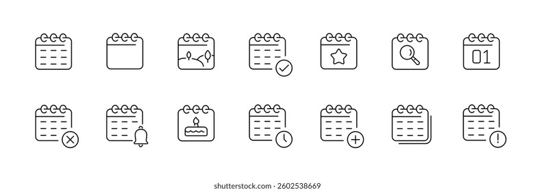 Linear calendar icon set with event and notification symbols for planning - vector.