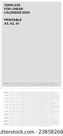 Linear calendar template for 2024 with months. Vector illustration. Printable. A3, A2, A1 format. Week starts on Sunday. Annual calendar planner. Vertical orientation. English. Agenda organizer