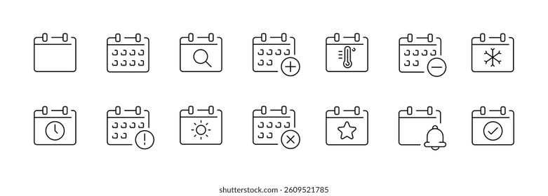 Linear calendar and weather icons set: days, clocks, sun, stars, alerts, temperature