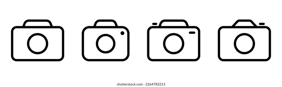 Juego de iconos de cámara lineal. Icono de cámara fotográfica en línea. Símbolo de esquema de foto y vídeo. Icono de la cámara de contorno en negro. Ilustración vectorial de acciones