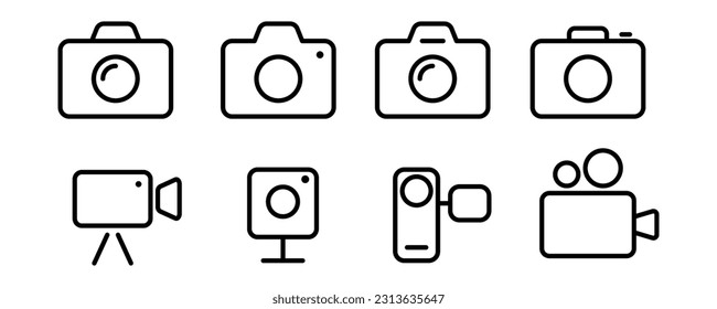 Juego de iconos de cámara lineal. Icono de cámara fotográfica en línea. Símbolo de esquema de foto y vídeo. Icono de la cámara de contorno en negro. Ilustración vectorial de acciones