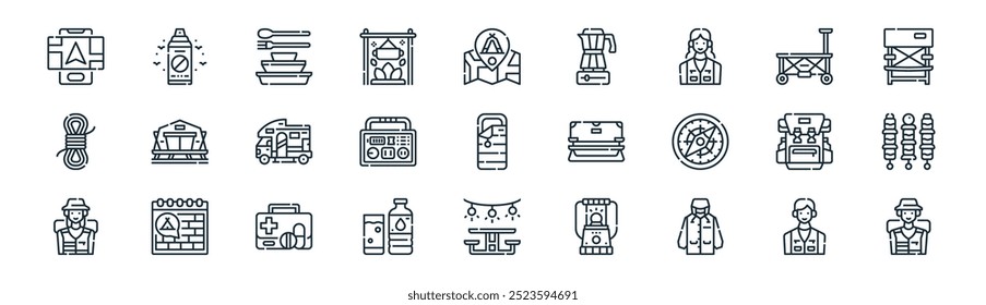 linear camping icon pack. vector thin line man, bug spray, food package, trolley cart, electric generator,  , camping table, boy scout icons suitable for apps and websites ui designs