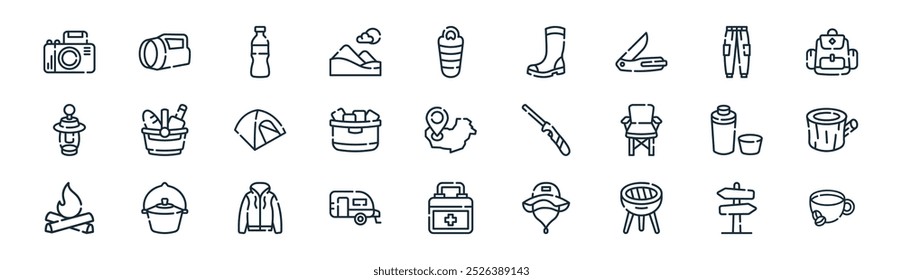 linear camping icon pack. vector thin line  , flash, water bottle, pants, ice, wood, medical, coffee icons suitable for apps and websites ui designs