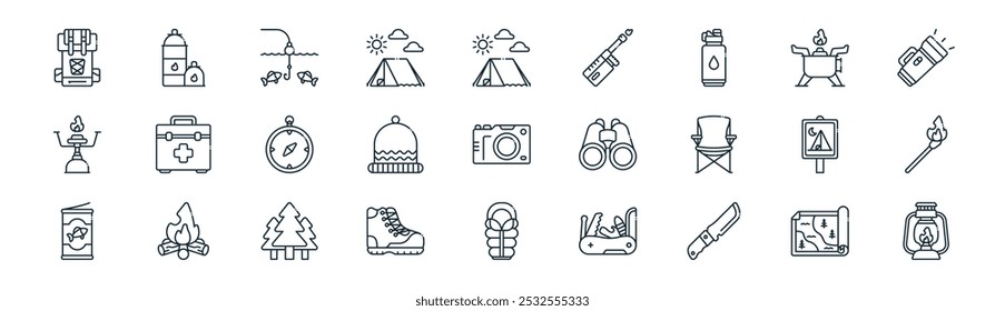 linear camping icon pack. vector thin line map, gas cylinder, fishing, gas stove, beanie, matchstick, sleeping bag, fire lamp icons suitable for apps and websites ui designs