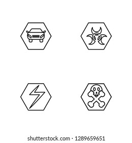 Linear Car, Electricity, Biological hazard, Death Vector Illustration Of 4 outline Icons. Editable Pack Of Car, Electricity, Biological hazard, Death