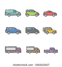 Linear car icon with outline and different kind of car