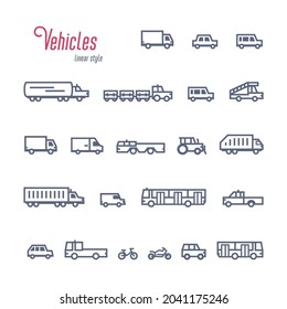 linear Car icons set, Various types of cars and vehicles. Outline style vector illustration on white background.