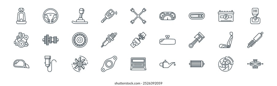 bloco de ícone de peças de carro linear. freio de linha fina vetor, volante, mudança de marcha, bateria de carro, vela de ignição, suspensão, estéreo, ícones de tomada de carro adequados para aplicativos e sites projetos de iu