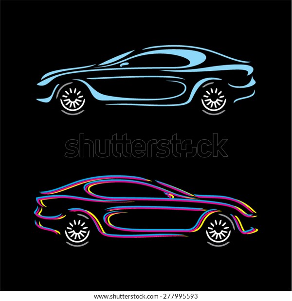 Linear car silhouette. Sport car vector on\
black background.