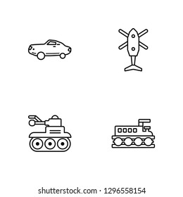Linear Car, Tank, Helicopter, Train Vector Illustration Of 4 outline Icons. Editable Pack Of Car, Tank, Helicopter, Train