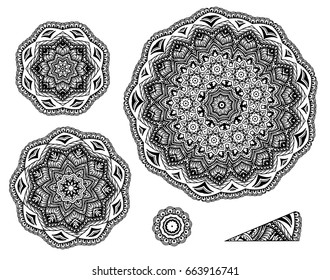 Linear carelessly drawn by hand a vector sketch ornamental mandala set. Abstract monochrome line art backdrop template collection. Black Florist decorative design element. Beauty illustration.