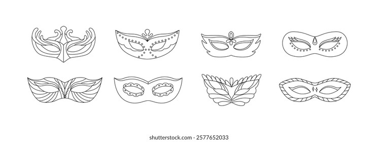 Linear carnival masks. Contour, outline drawing, sketch. Coloring page. Festival costume element. Mardi Gras carnival mask. Brazil carnival, Venice. Masquerade. Vector.