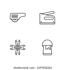 Linear Carpenter Cutter, Garage Wrench, Stapler, Open Paint Bucket Vector Illustration Of 4 outline Icons. Editable Pack Of Carpenter Cutter, Garage Wrench, Stapler, Open Paint Bucket