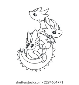 Linear cartoon dragon with three heads and tails. Coloring of a cute little dragon with big eyes.