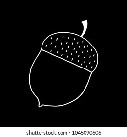Linear cartoon hand drawn acorn. Cute vector monochrome doodle acorn. Isolated white acorn drawing on black background.
