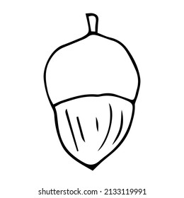 Linear Cartoon Hand Drawn Acorn. Cute Raster Black And White Doodle Acorn. Isolated Monochrome Acorn Silhouette On White Background.