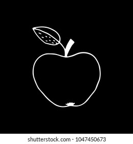 Linear cartoon hand drawn apple drawing. Cute vector black and white apple drawing. Isolated monochrome doodle apple drawing on black background.