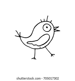 Linear cartoon hand drawn bird symbol. Cute vector black and white bird symbol. Isolated monochrome doodle bird symbol on white background.