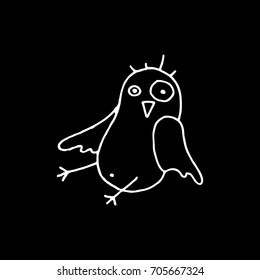 Linear cartoon hand drawn bird symbol. Cute vector black and white bird symbol. Isolated monochrome doodle bird symbol on black background.