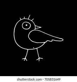 Linear cartoon hand drawn bird symbol. Cute vector black and white bird symbol. Isolated monochrome doodle bird symbol on black background.